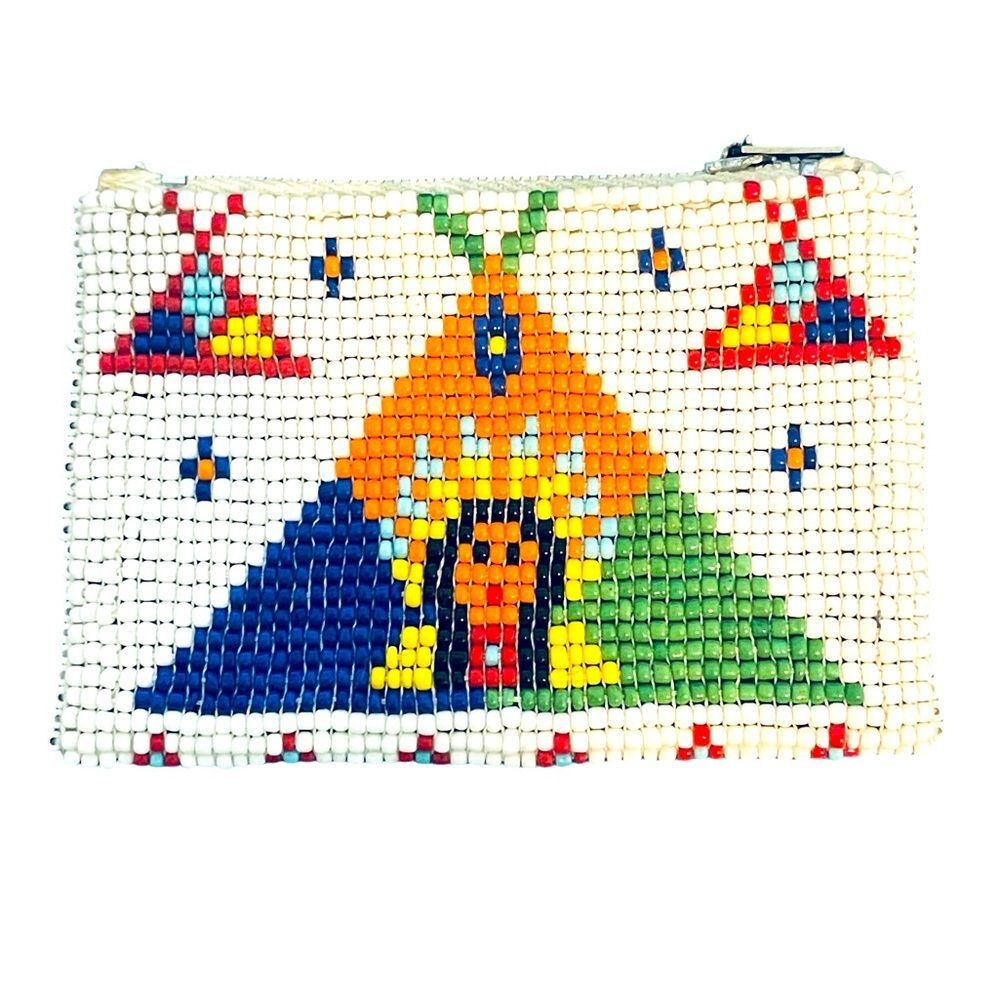 Vintage Authentic‎ Native American Beaded Coin Purse with Zipper Tee Pee Pipe